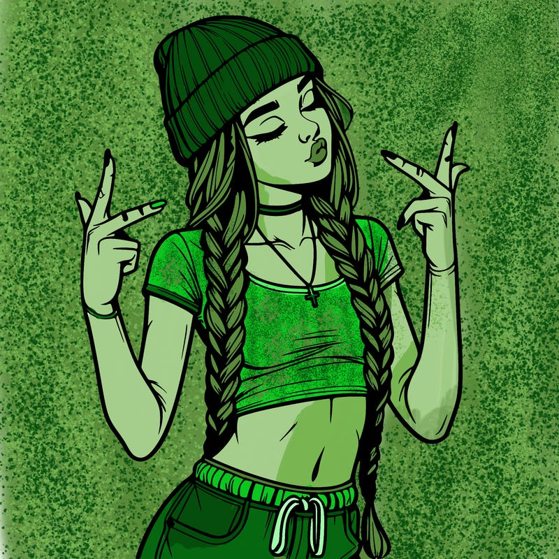realistic teenage girl with braids and a beanie and crop top doing 🫶🏼