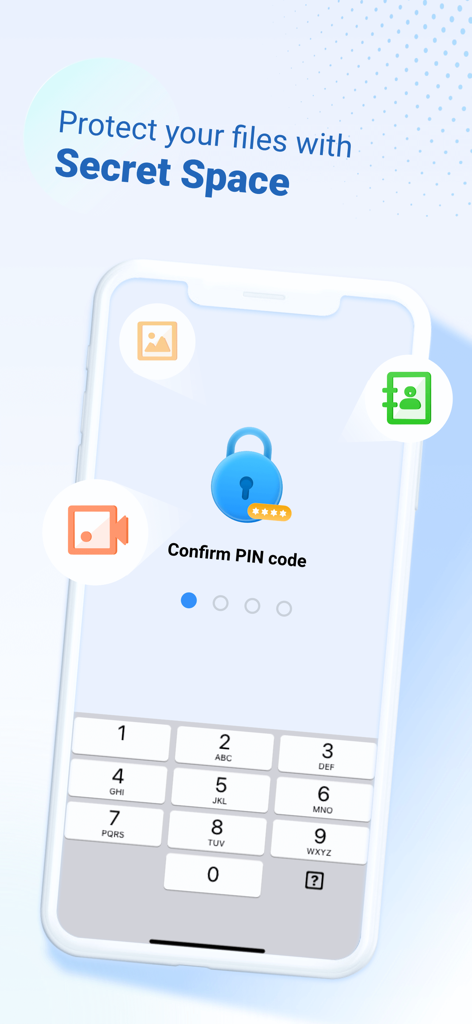 Interface de la fonctionnalité Espace Secret montrant la protection par code PIN pour les photos, vidéos et contacts