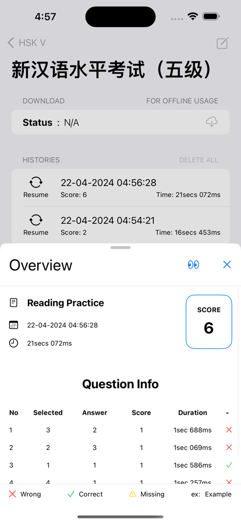 HSK Level 5 reading practice test results overview with score and question details
