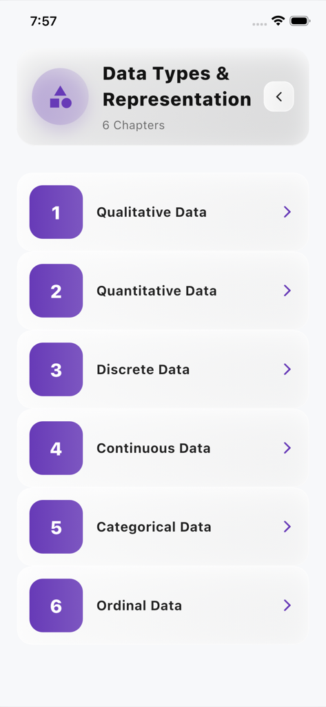 GCSE Statistics Practice Pro - A list of study topics for data types and representation within the GCSE Statistics Practice Pro app