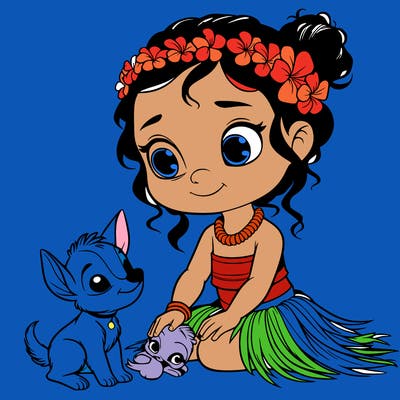 a litte hawain girl with a small animal by her side realistic