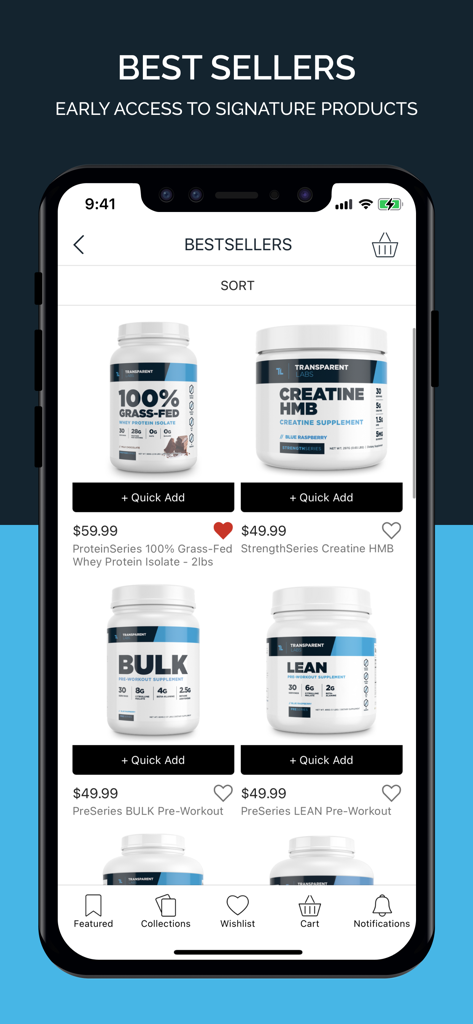 Interfaccia dell'app Transparent Labs che mostra i migliori integratori per il fitness, tra cui proteine e creatina
