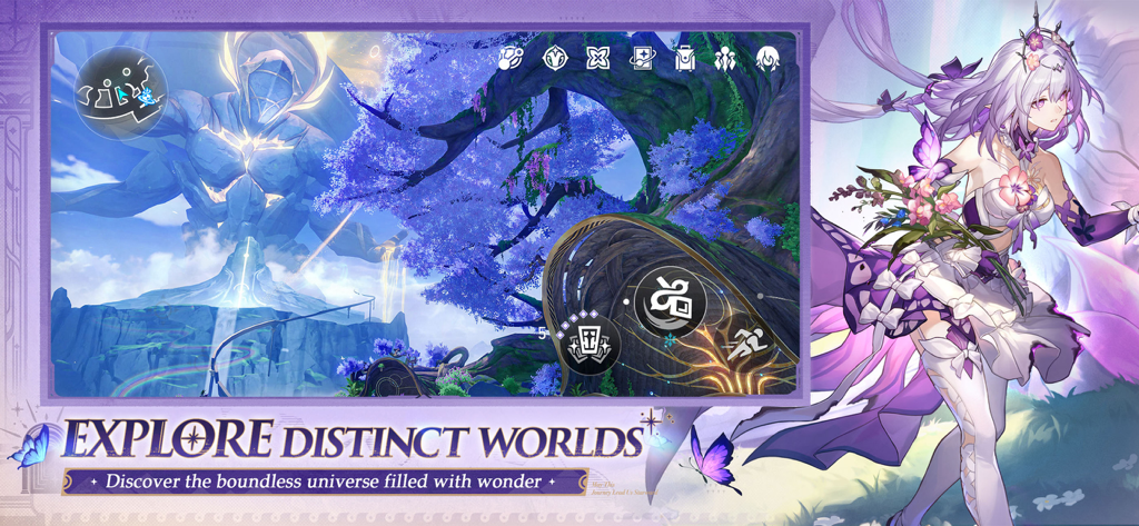 Honkai: Star Rail - 애니메이션 캐릭터와 텍스트 '다양한 세계 탐험'이 있는 판타지 풍경을 보여주는 붕괴: 스타레일 게임플레이 스크린샷