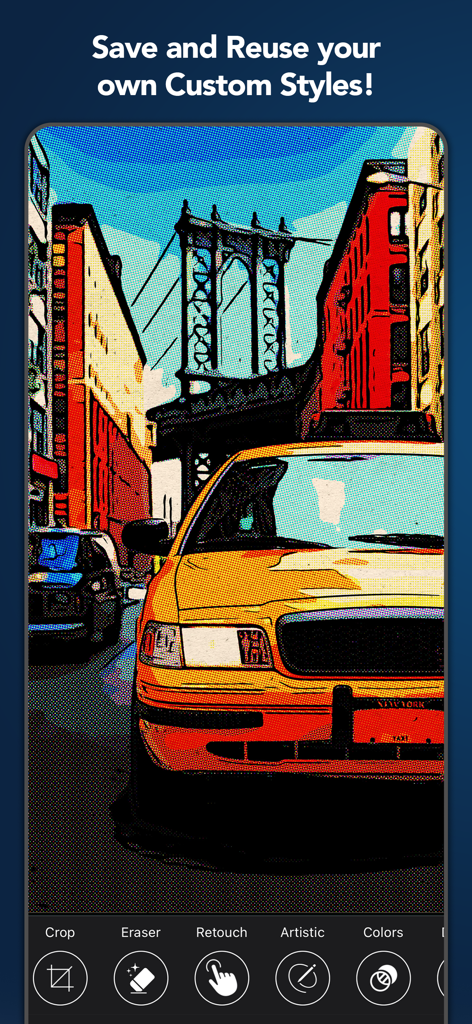 Clip2Comic: Cartoon Yourself - Ilustración estilo cómic de una calle de la ciudad con un taxi amarillo y un puente en la aplicación Clip2Comic