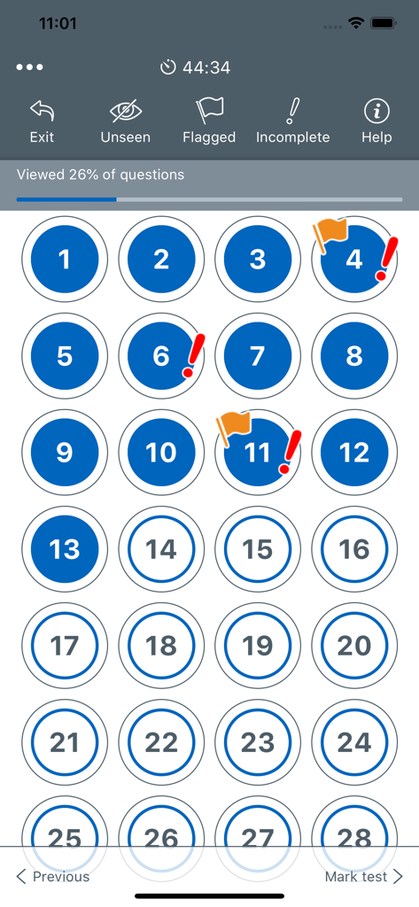 Mock test question navigation screen showing progress and flagged items.
