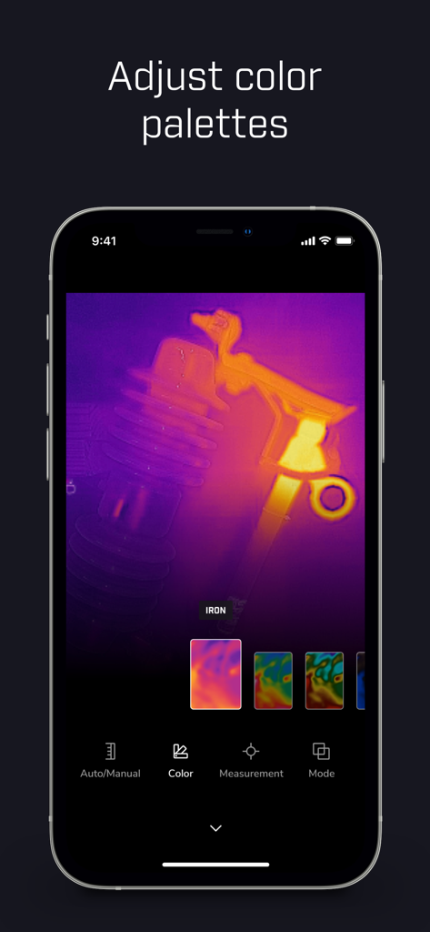 Interfaz de la aplicación FLIR ONE mostrando la vista de la cámara térmica con opciones de paleta de colores ajustables