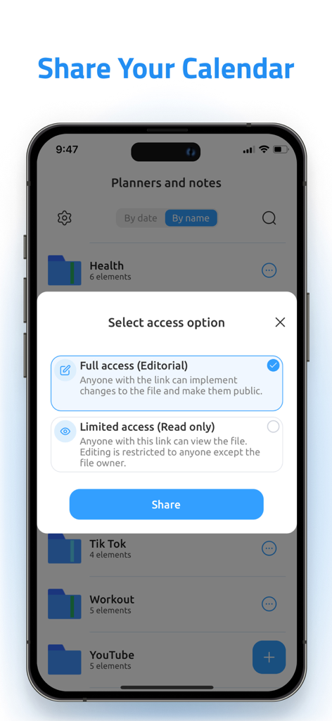 Digital Planner & Calendar Pro - Interface of the Digital Planner app showing options to share a calendar with full or limited access.