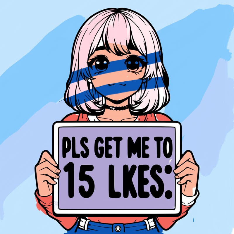 realistic girl holding up a sign that says “pls get me to 15 likes!”
