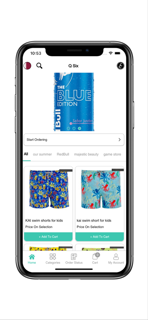Écran d'accueil de l'application d'achat Q Six Qatar montrant les catégories de produits et les maillots de bain pour enfants
