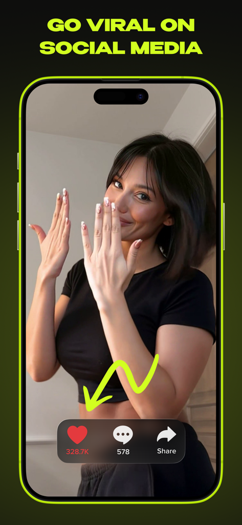 Qontrast AI: Video Generator - A smartphone screen displaying a viral short video with high engagement likes and comments and the headline Go Viral on Social Media