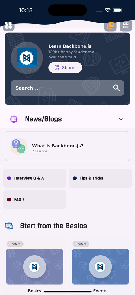 Learn Backbone.js Framework - The main dashboard of the Learn Backbone.js Framework app featuring interview preparation and course modules