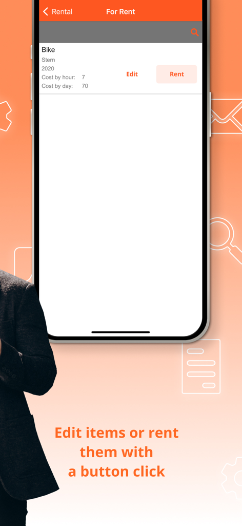 Rental Business Management App - Mobile app screen showing a bike for rent with options to edit details or rent with a button click