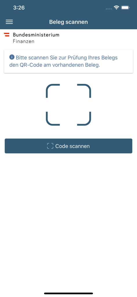 BMF Belegcheck - Interface of the BMF Belegcheck app showing the QR code scanner for Austrian tax receipt verification