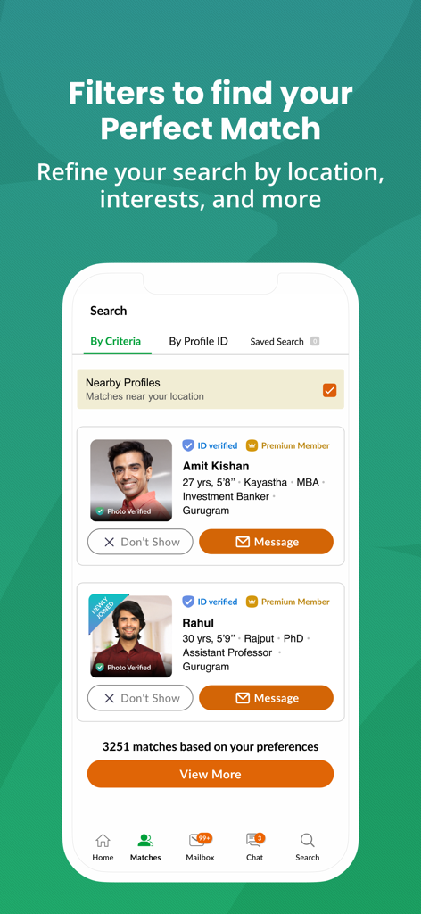 Bharat Matrimony app search interface displaying verified member profiles with career and community details.