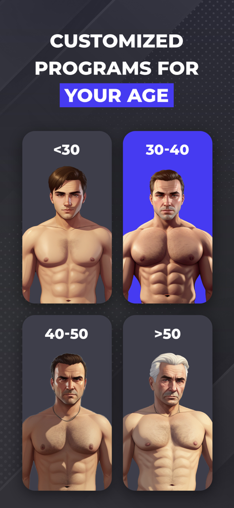 Fitcher app interface for selecting muscle growth programs customized by age group