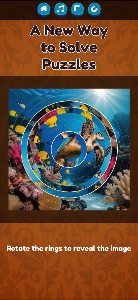 Jigsaw Puzzle & Brain Games - A circular ring puzzle where players rotate segments to reveal an underwater image of a sea turtle