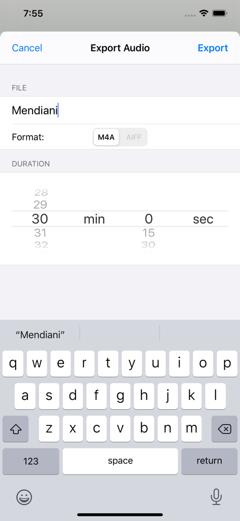 Pantalla de la aplicación DjembeTime para exportar audio de ritmos de percusión con opciones de nombre de archivo y duración