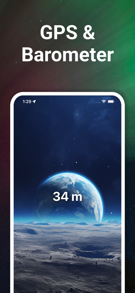 Travel Altimeter & Elevation - Travel Altimeter app interface showing 34 meters elevation with GPS and Barometer features on a space themed background.