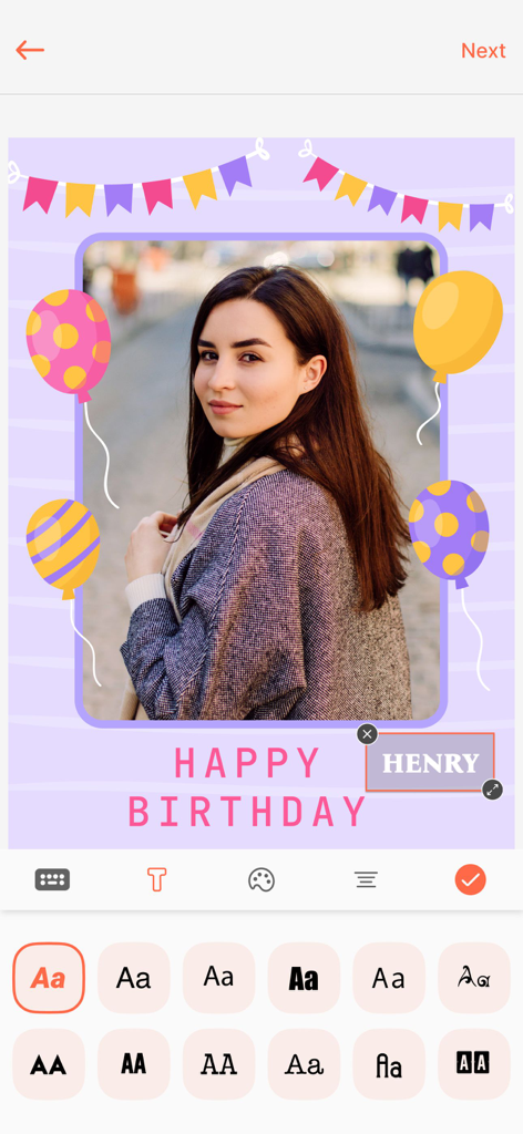 Birthday Photo Frame & Editor - Una interfaz de aplicación móvil para editar marcos de fotos de cumpleaños con varias opciones de fuentes y personalización de texto.