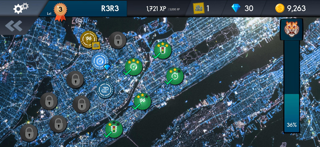 Car Manual Shift 4 - Top down city map showing unlocked race missions and player progression in Car Manual Shift 4