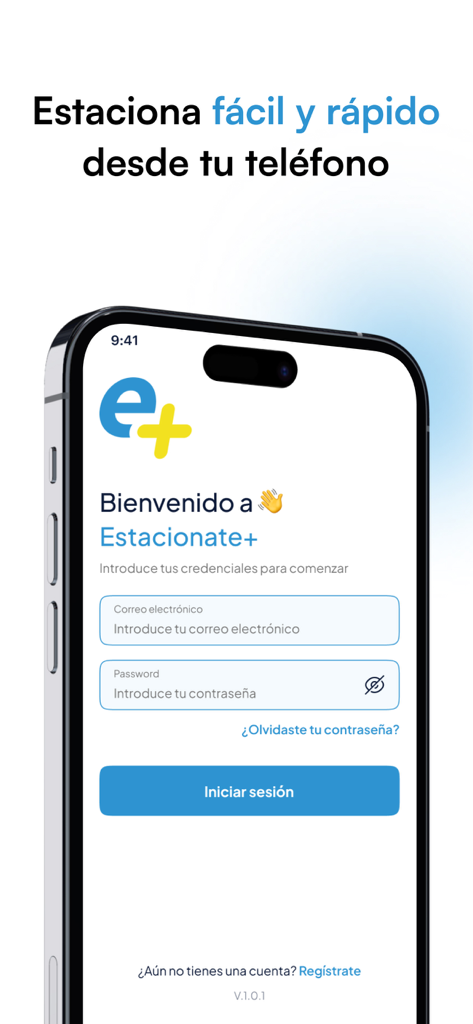 Login screen for the Estacionate Plus mobile parking app in Spanish