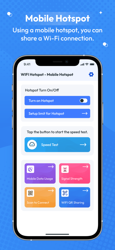 Portable WiFi Mobile Hotspot app interface showing options for hotspot control speed test and data usage tracking