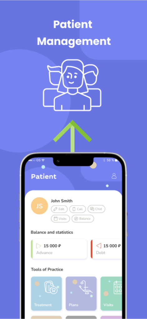 Dent app for teamwork practice - Mobile screen of the Dent app showing patient profile and practice tools