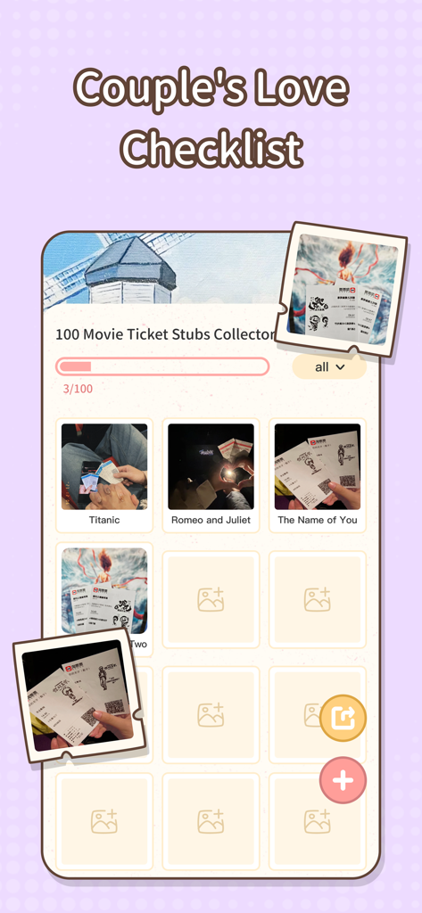 Sweetly-the world for couples - 공유 데이트 밤을 추적하기 위한 커플을 위한 Sweetly 앱의 디지털 영화 티켓 수집기 화면.