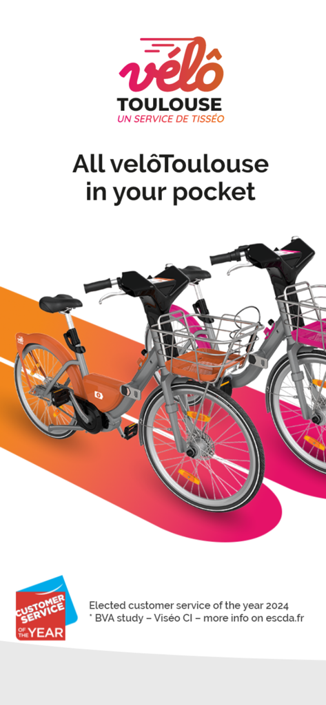 vélôToulouse officiel - Promotional screen for vélôToulouse officiel app showing two bikes and the tagline All vélôToulouse in your pocket