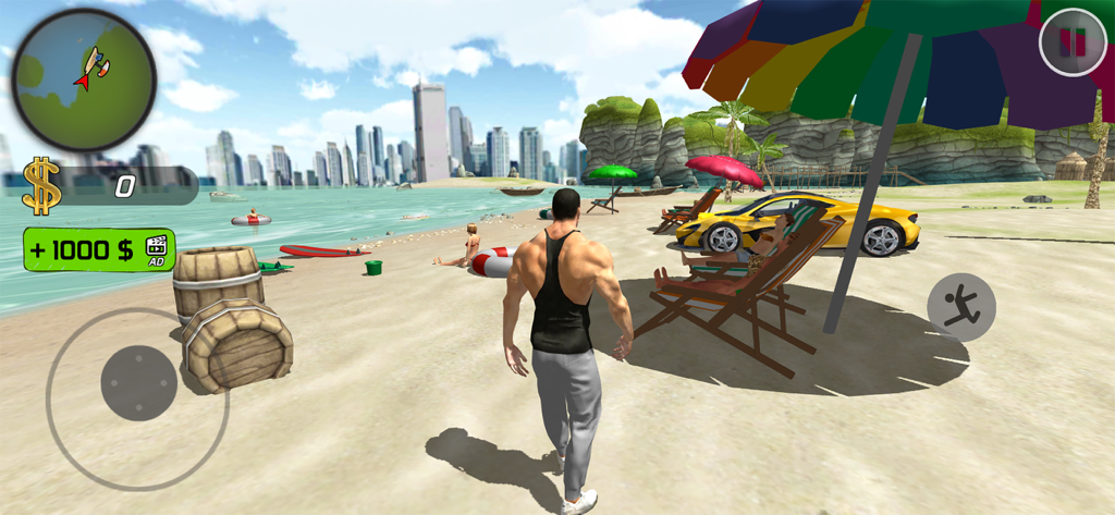 Muskulöse Figur geht an einem sonnigen Strand spazieren mit einem gelben Sportwagen und der Stadtsilhouette.