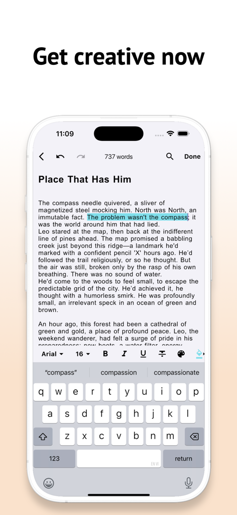 Interface de l'application d'écriture Scrivener sur un iPhone montrant un brouillon d'histoire et une barre d'outils de mise en forme