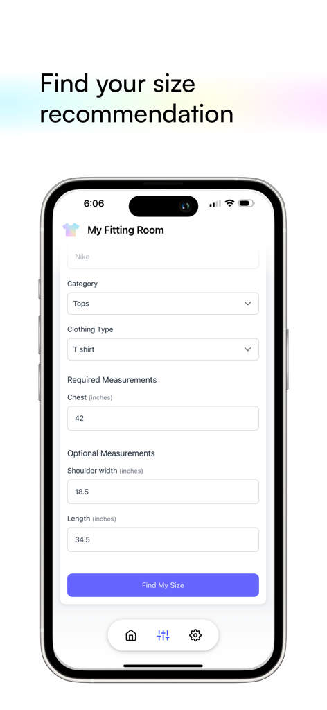 My Fitting Room - Uma tela de smartphone exibindo a interface do aplicativo Meu Provador para inserir medidas corporais para receber uma recomendação de tamanho.