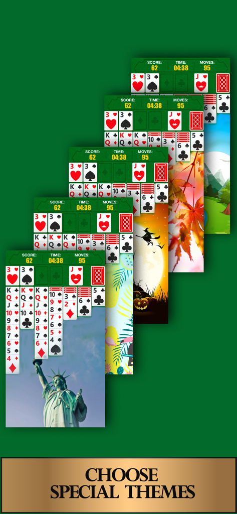 Plusieurs écrans mobiles présentant différents thèmes spéciaux pour le jeu de cartes Solitaire Classic, y compris Halloween et la Statue de la Liberté.