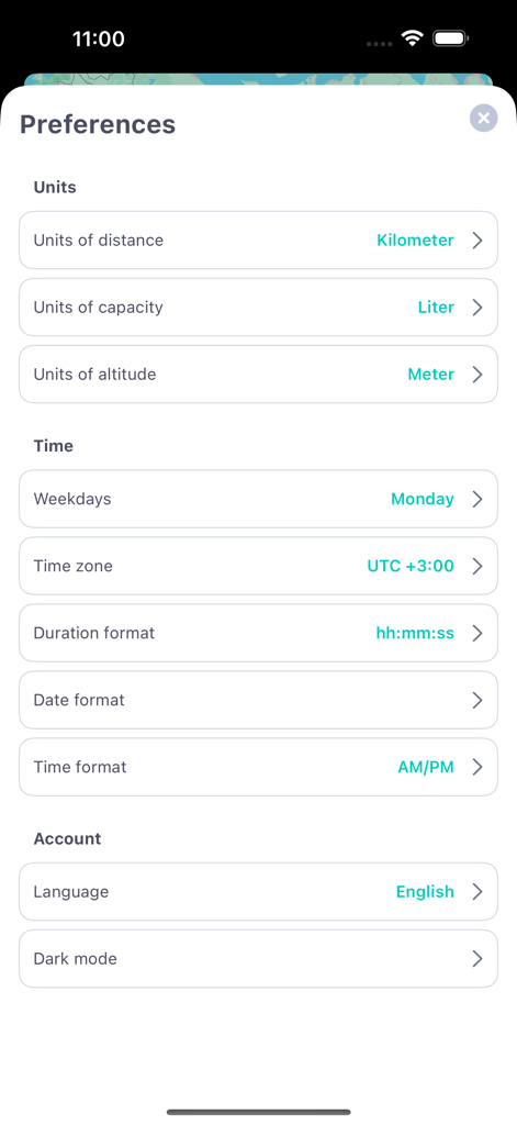 The preferences screen of the LVN Pro app showing settings for measurement units, time zones, and account language.