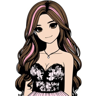 realistic girl with long hair and pretty prom dress