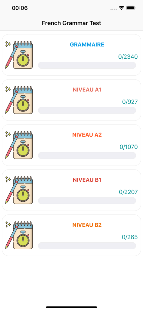 French Grammar Test - French Grammar Test app menu showing CEFR levels A1 to B2 exercises