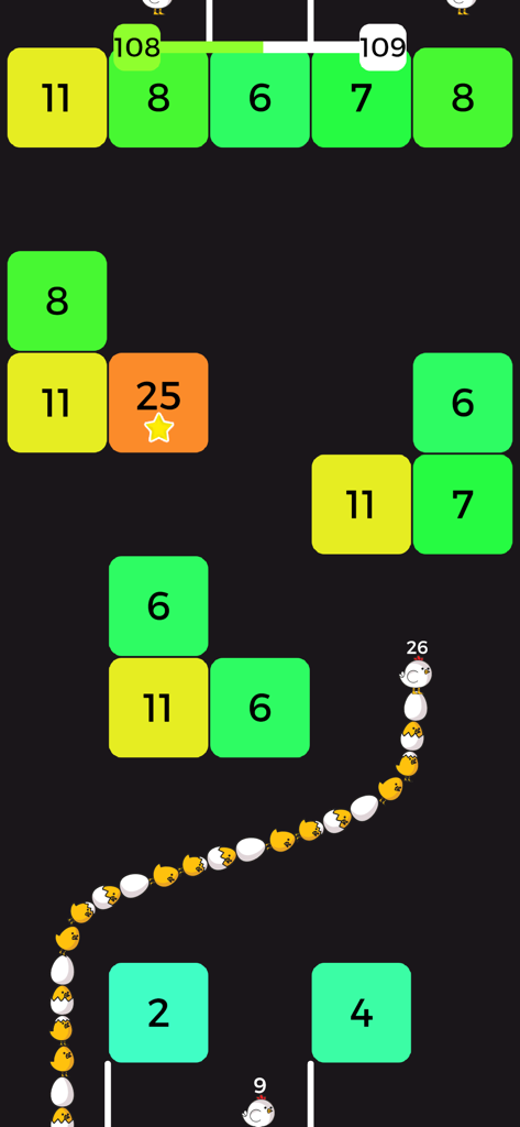 Snake VS Block - Jugabilidad de Snake VS Block mostrando una serpiente hecha de personajes moviéndose entre cuadrados de colores numerados.
