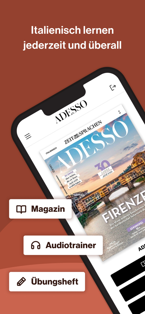 ADESSOイタリア語学習アプリの画面。マガジン、音声トレーナー、エクササイズブックのオプションが表示されています。