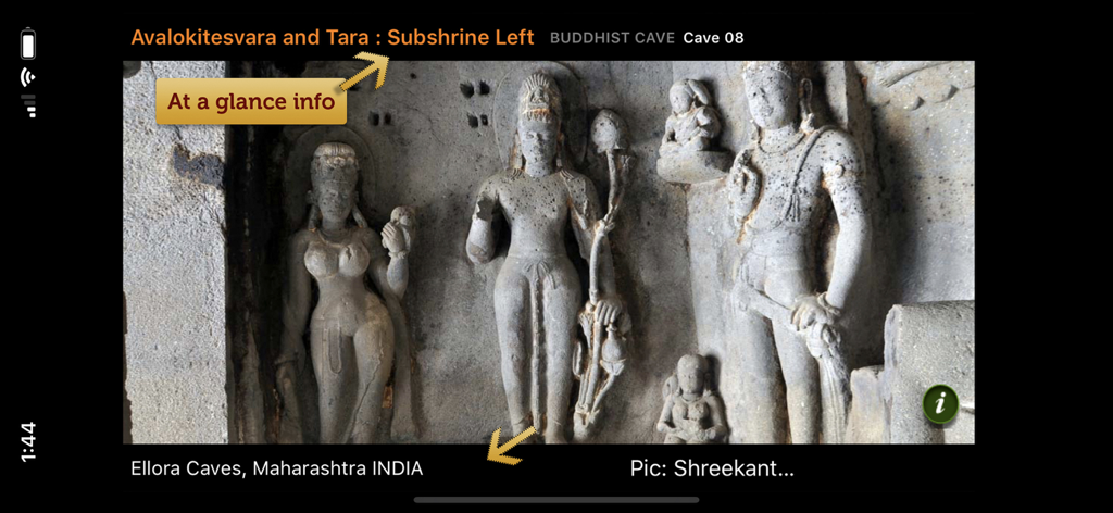 A screenshot of the Ellora Caves app showing detailed stone sculptures from Buddhist Cave 08