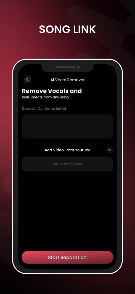 Song Vocal Remover - Music Ext - Interfaccia dell'app mobile per l'importazione di video YouTube per estrarre voci e strumenti