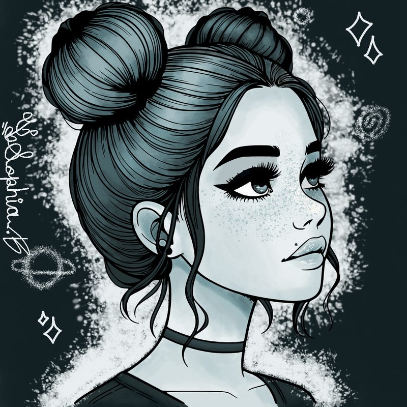 realistic girl with buns on the top of her head