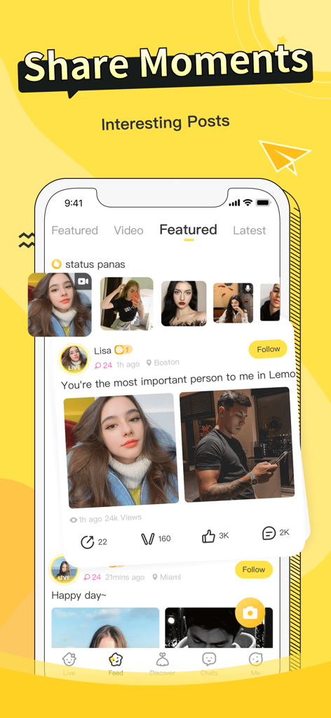 Lemo app social feed interface showing interesting posts and shared moments from users