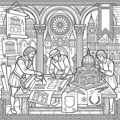 Step back in time to the golden age of design with this captivating Renaissance Architects coloring page. Immerse yourself in the world of master builders as they meticulously craft grand structures and intricate blueprints.