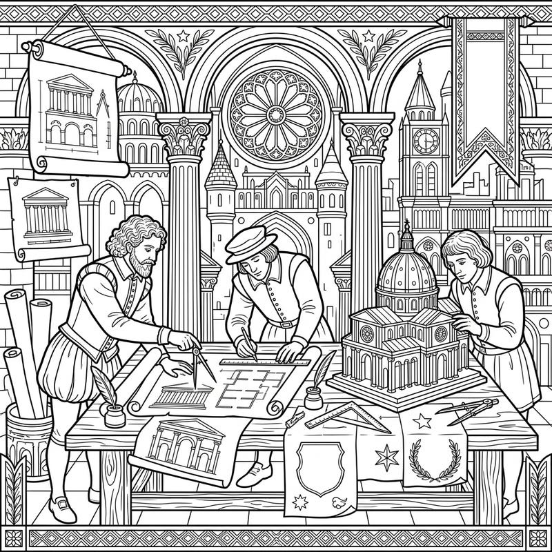 Step back in time to the golden age of design with this captivating Renaissance Architects coloring page. Immerse yourself in the world of master builders as they meticulously craft grand structures and intricate blueprints.