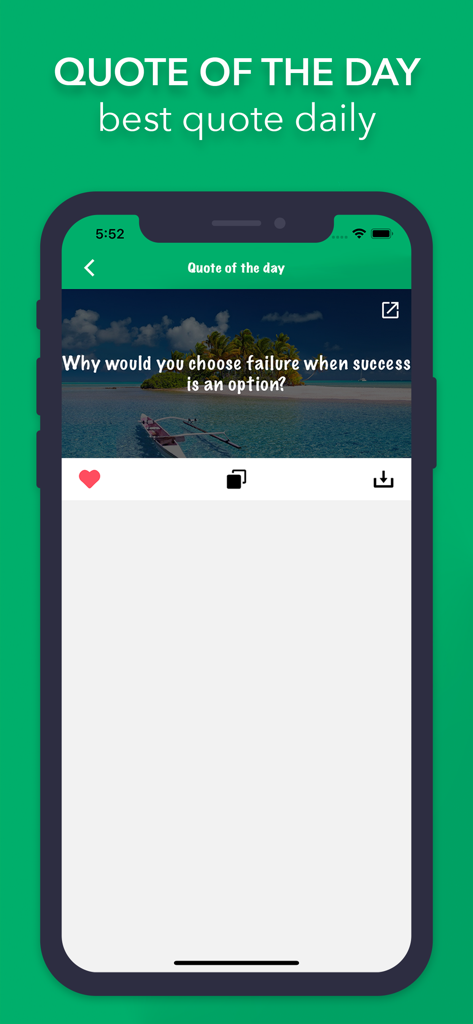 Status Save - Captura de pantalla de la aplicación Status Save con una cita motivacional del día sobre elegir el éxito sobre el fracaso con un fondo de isla tropical.