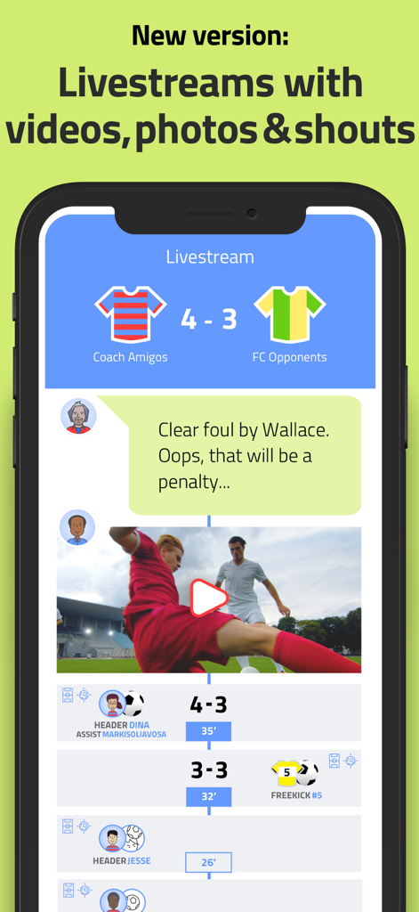 Interface de l'application Coach Amigo montrant un flux en direct d'un match de football avec scores, clips vidéo et commentaires textuels