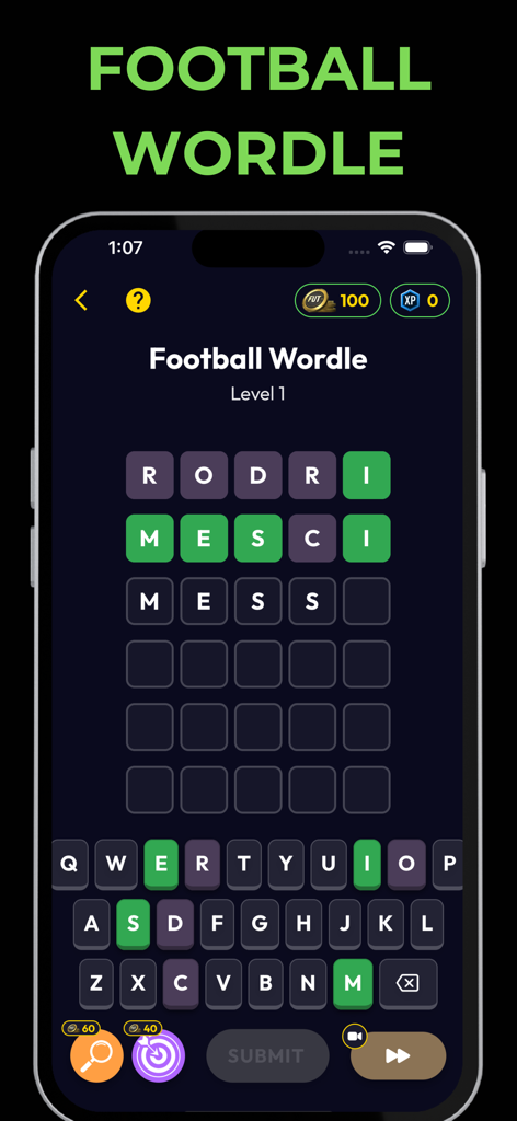 Footy Games - Football Bingo - A screenshot of the Football Wordle game mode in the Footy Games app showing a soccer player name puzzle