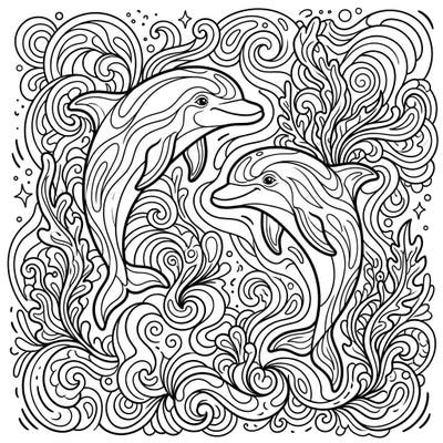 Embark on an extraordinary coloring journey with these playful dolphins, entwined in a mesmerizing psychedelic ocean scape. This intricate design promises a relaxing and engaging artistic experience for all ages.