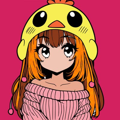 anime girl with chick shaped hat with sweater with bare shoulders with bangs covering them one eye with low tail