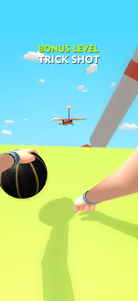 A first-person perspective of a basketball trick shot bonus level in Dribble Hoops